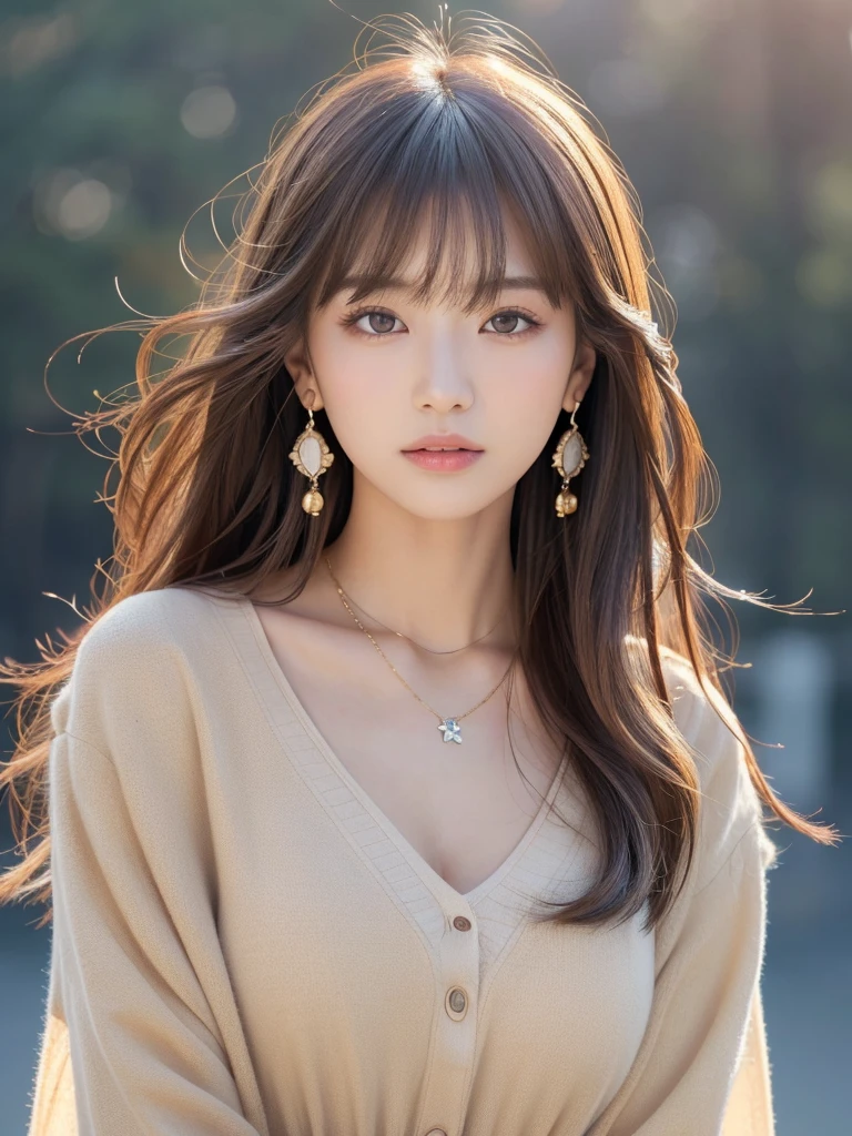 ((Highest quality, 8k, masterpiece:1.3)), concentrate: 1.2, Perfect body beauty: 1.4, Hips: 1.2, ((Long Hair, chest: 1.2)), (Dry clothes: 1.1) , (clear, Simple Background:1.3), Simple clothes: 1.1, Highly detailed face and skin texture,Delicate eyes, double eyelid, Whitened skin, Rough skin、Long Hair、Earrings with bangs、necklace、 solo、Beige coat、White shirt, (((Beautiful girl with cute Japan)))、 ((Beautiful Japanese girl 20 years old))、 ((Baby Face))、 (((Slender body)))、 Upper Body,Face focus、necklace,Simple Background,From above, Realistic Hair、 A photograph was taken:Canon EOS R6、135mm、1/1250 seconds、f2.8、ISO400、(Detailed explanation of the hand)、(Masseter muscle area)、(Exquisite CG)、Long Hair, loose and curly hair、Korean Hair、Long Hair明るいベージュ色、グラデーションハイライトグレージュのゆるふわLong Hairスタイル、