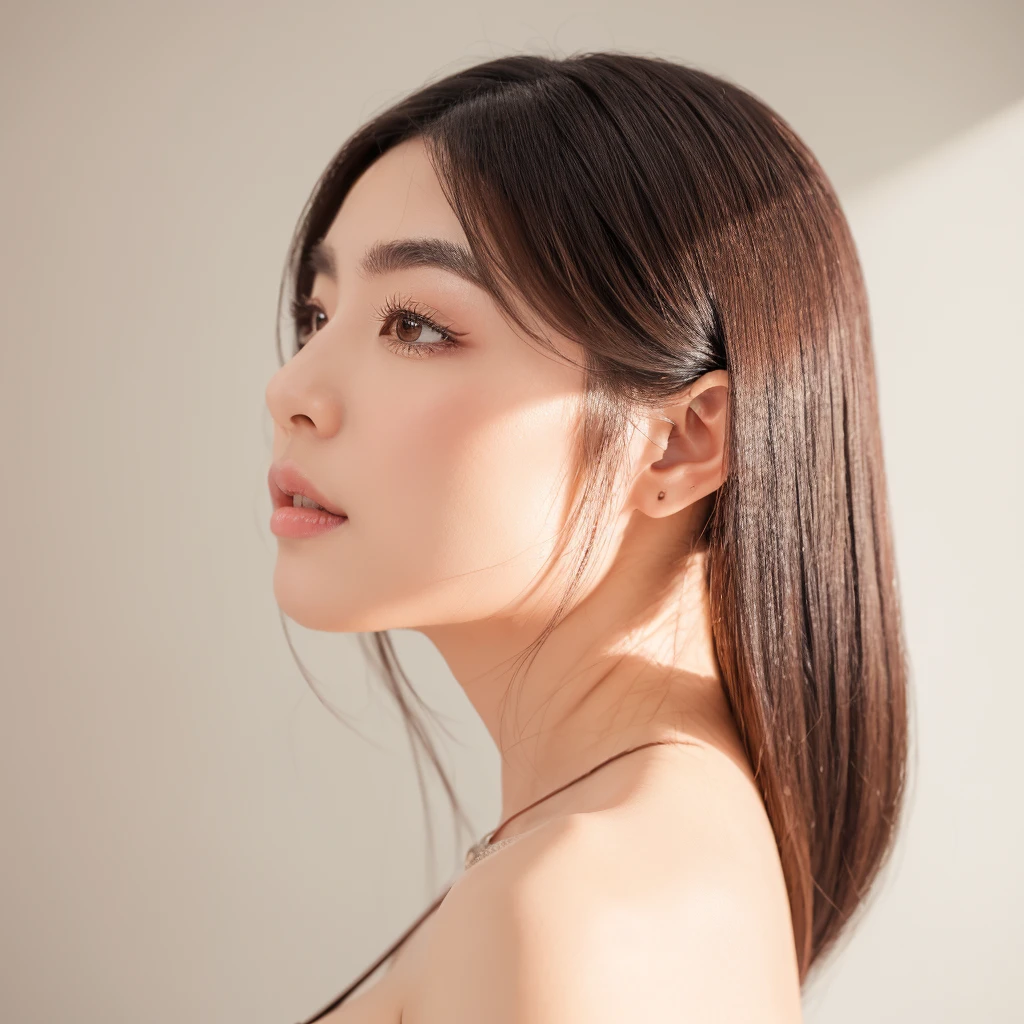 single Japanese woman, solo portrait, eyelash salon model, studio portrait, white background, left profile view (90 degrees), impressive eyebrows and eyelashes, high-quality, photorealistic, one face only
