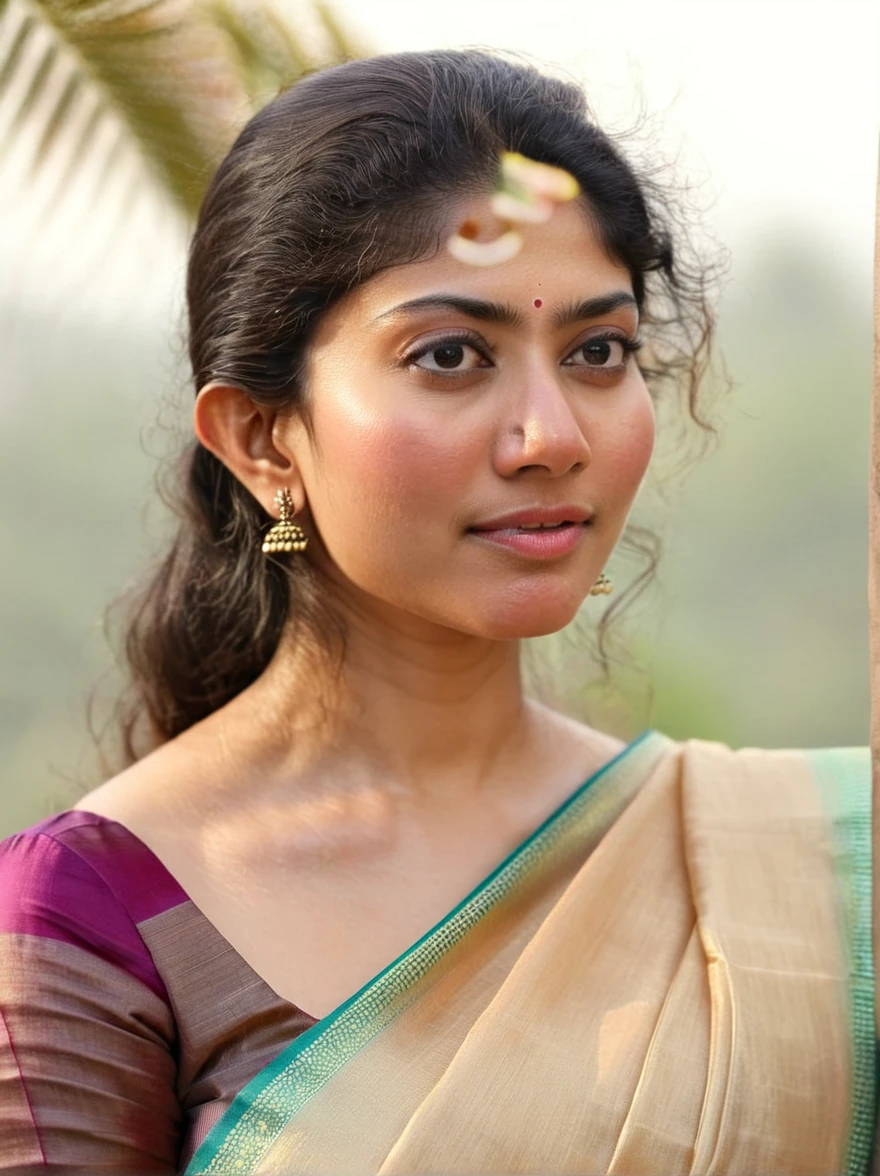 ultrarealistic hires close up photo of a 30-year-old sai pallavi woman, outdoors, realistic skin texture, looking looking at camera, high collar intricate (silk_saree_blouse:1.2), tied hair, beautiful bokeh background 