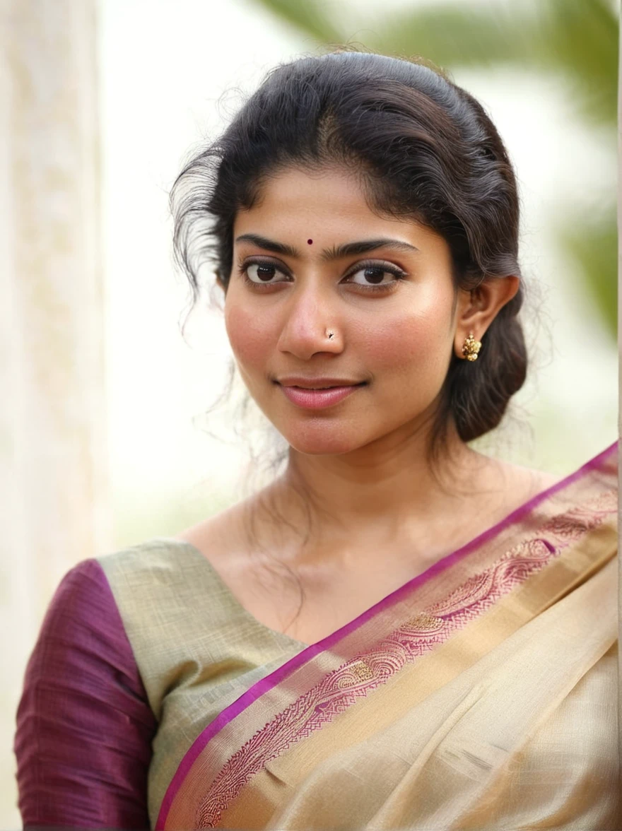 ultrarealistic hires close up photo of a 30-year-old sai pallavi woman, outdoors, realistic skin texture, looking looking at camera, high collar intricate (silk_saree_blouse:1.2), tied hair, beautiful bokeh background