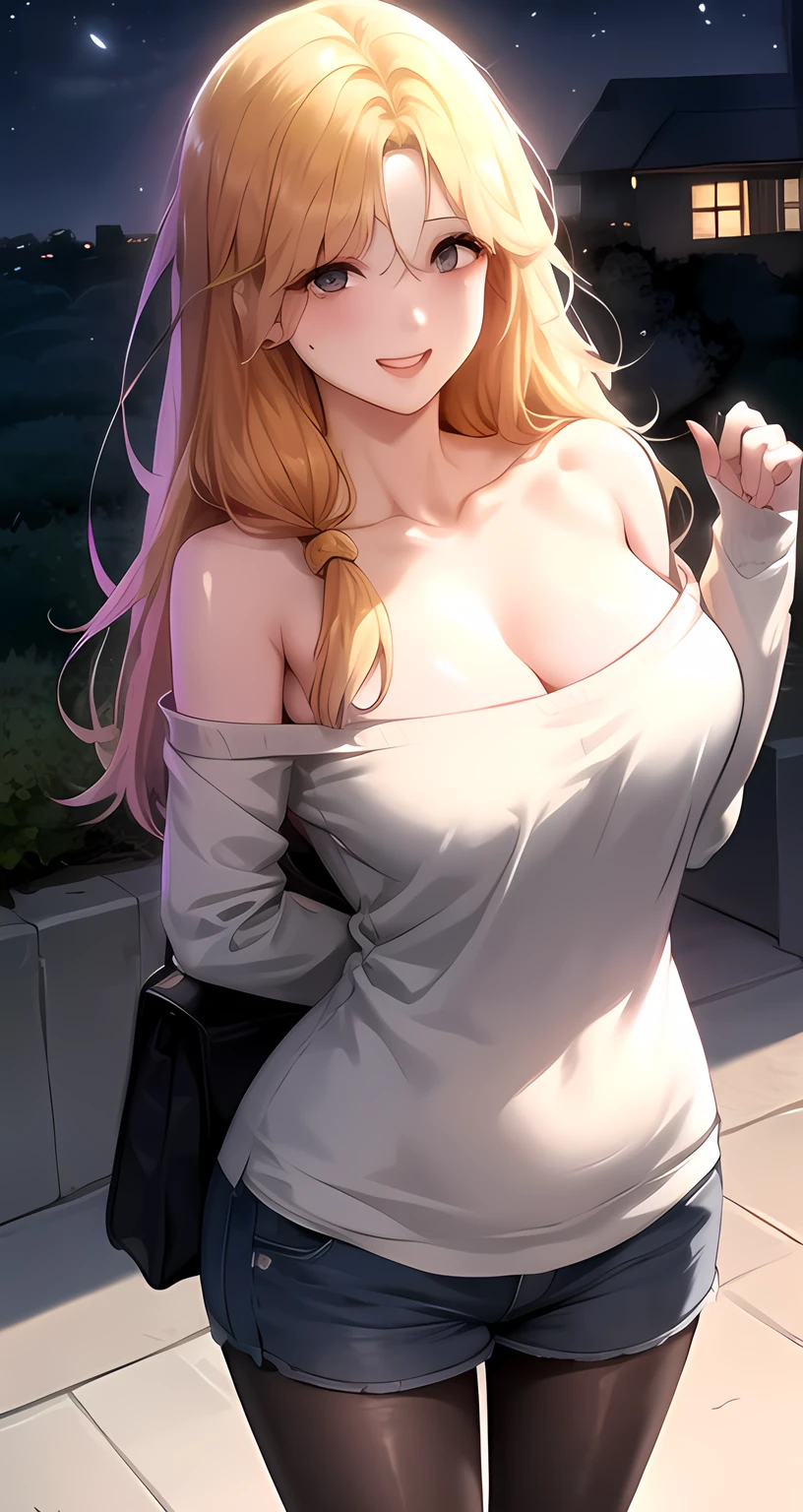 score_9, score_8_up, score_7_up, score_6_up, score_5_up, score_4_up, mature woman, bada, 1girl, solo, blonde hair, long hair,  large breast, looking at viewer, smile, sweater, loose sweater, bare shoulders, long sweater, pantyhose, night, outdoors, street, standing, Embarrassed, looking at viewer 