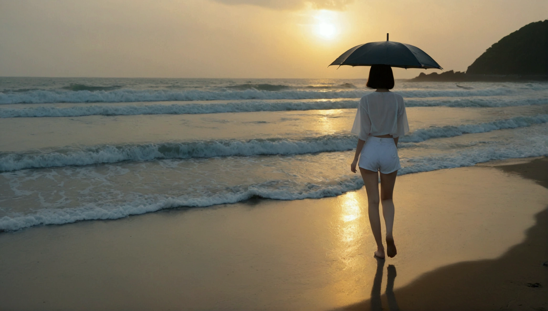 8k, Vivid picture quality, Vivid picture quality, long deserted beach, walking slowly from afar, short medium hair, beautiful appearance, Model-like body, sunset의 붉은 빛, sunset, alone, afternoon, depressed, tide가 밀려온다, rain, black umbrella, ocean, tide, wind, rain가 내리는, Short and slim Korean woman, wearing a top and white shorts