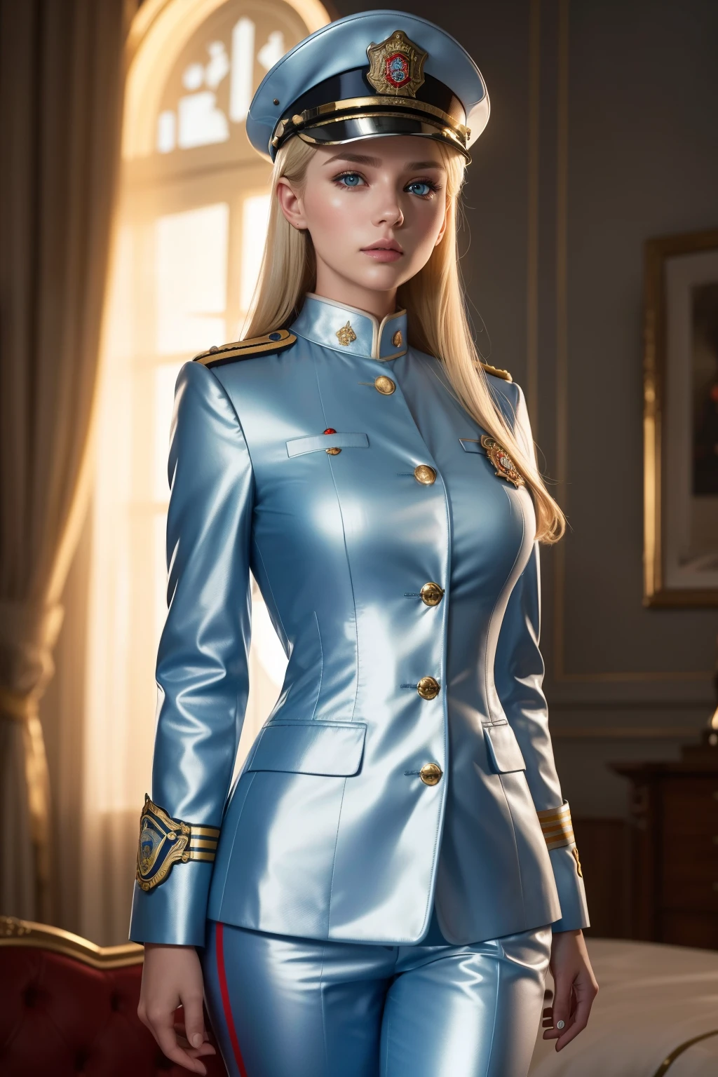 Sure, here's a description based on your prompt:
Can you create a blonde, blue-eyed Russian woman dressed in a meticulously detailed firefighter outfit in 8K resolution? She stands boldly in the midst of a dimly lit room, the soft cinematic light highlighting her features and the intricate details of her uniform. The firefighter helmet sits squarely on her head, its polished surface reflecting the dim lights of the room. Her uniform is a perfect fit, accentuating her slender figure, with the silvery firefighter badge on the chest gleaming in the light. The oxygen tank on her back is realistically depicted, the h