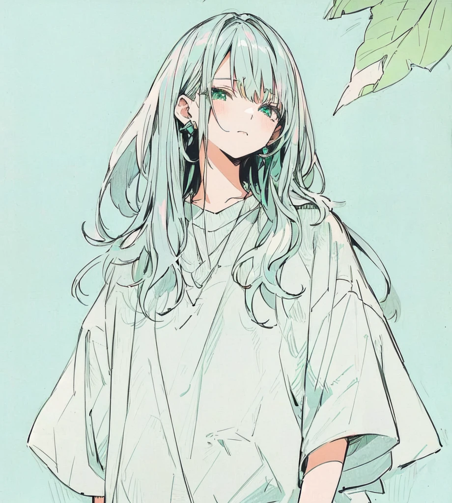 Short Hair Anime Girl and earrings standing in front of a leaf, Clean and detailed anime style, Anime Aesthetics, Turquoise hair anime girl, Anime atmosphere, Flat anime shading, Flowing green hair, Soft anime illustration, detailed manga style, Subtle anime style, Anime-style illustrations, Manga art style, Hime cut, Anime Aesthetics, Short Hair Anime Girl、 Lo-Fi、 lo-fi,