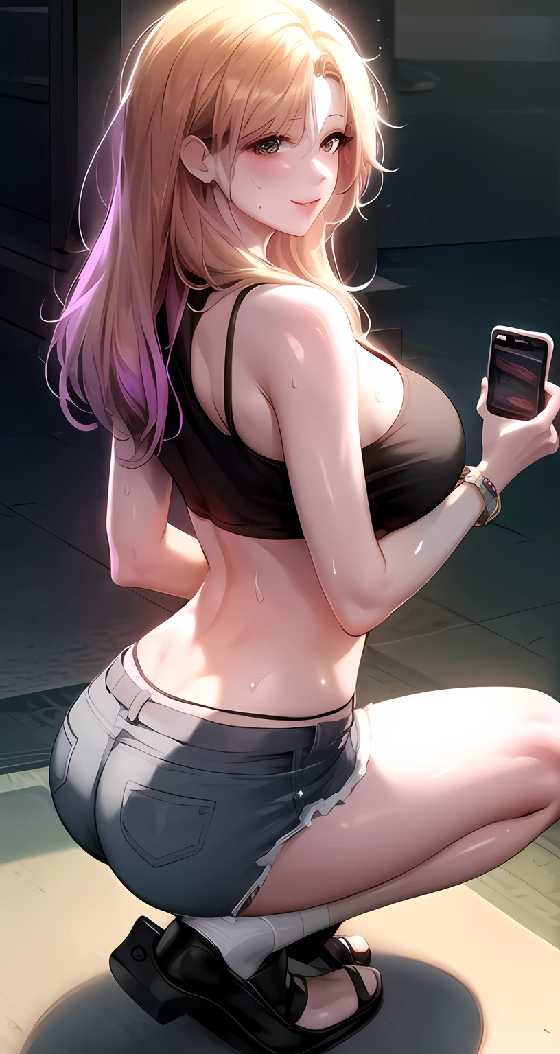 score_9, score_8_up, score_7_up, score_6_up, score_5_up, score_4_up, mature woman, bada, 1girl, solo, blonde hair, long hair,  large breast, looking at viewer, smile, 1girl, long_hair, blush, sweat, purple_eyes, lips, purple_hair, solo, 1girl, photo_background, phone, jewelry, long_hair, solo, shorts, bracelet, holding_phone, cellphone, ass, shoes, sneakers, smartphone, holding, looking_at_viewer, black_footwear, shoulder_cutout, shirt, looking_back, short_shorts, black_shirt, gym, indoors, bandaid, socks