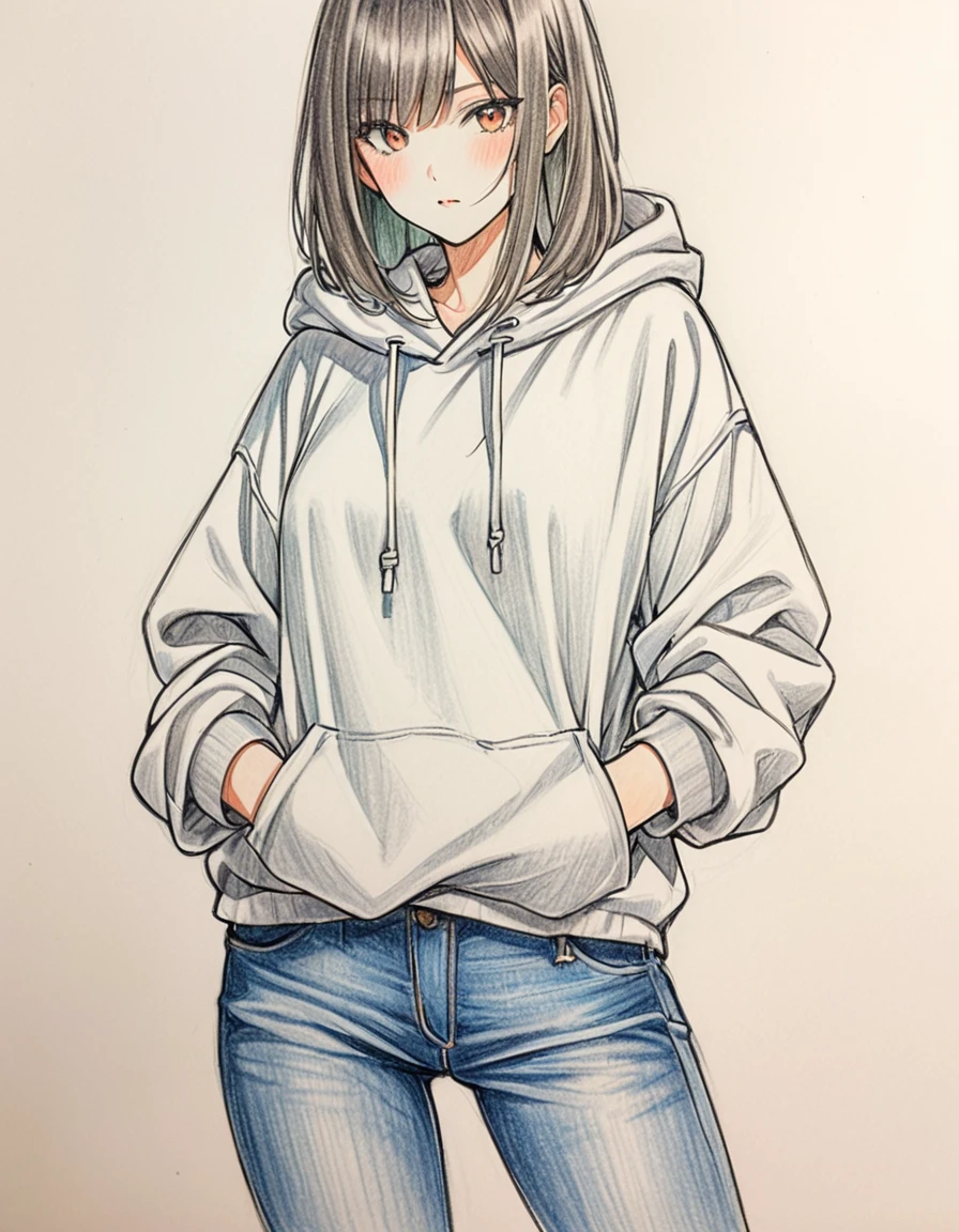 woman、hoodie、Denim pants、art、Colored pencil drawing、draft、White background