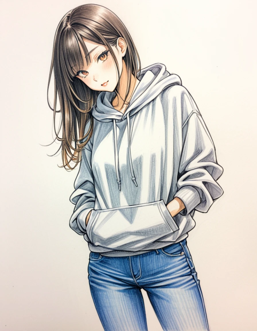 woman、hoodie、Denim pants、art、Colored pencil drawing、draft、White background