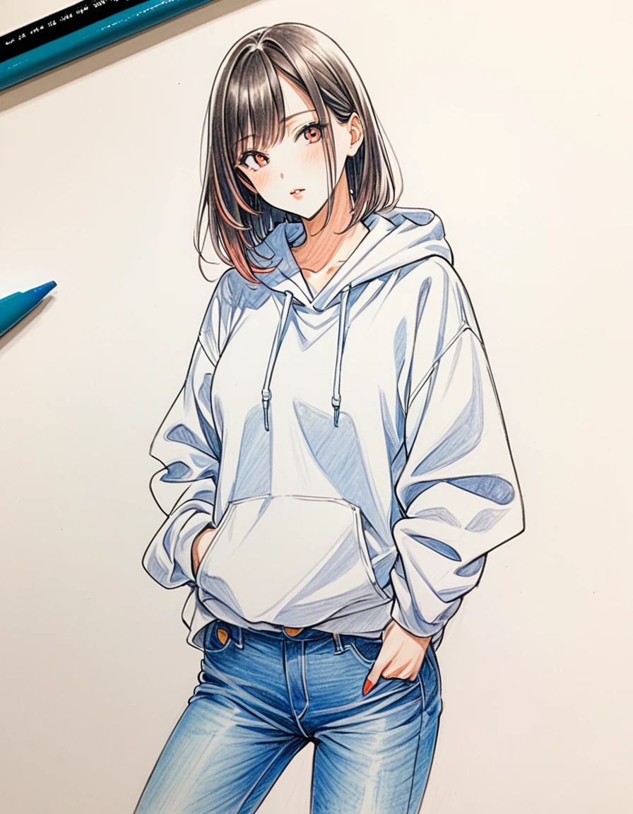woman、hoodie、Denim pants、art、Colored pencil drawing、draft、White background