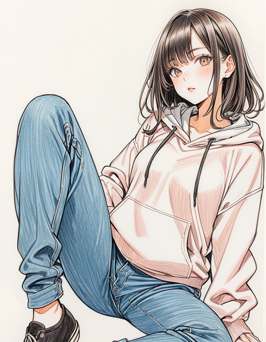  woman、hoodie、Denim pants、art、Colored pencil drawing、draft、White background