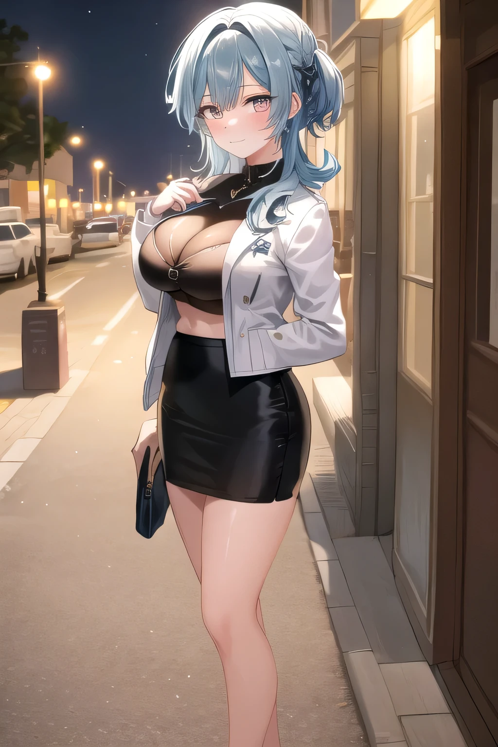 Eula, solo, (night time), (moonshine), (night view), (anime street setting), (Anime illustration), ((detailed shadows)), (detailed lighting), detailed eyes, (dramatic chiaroscuro), ((Masterpiece)), ((perfect detailed hands)), ((intricate detail)), (flowing hair), (light blue hair), (fancy hairstyle), long hair, curly hair, ((detailed hair)), (((smooth skin))), eyelashes, HD wallpaper, UHD image, (expressive eyes:1.2), (large breast), blushing, smiling), (white pencil skirt:1.2), black shirt, (white jacket), standing, full body shot
