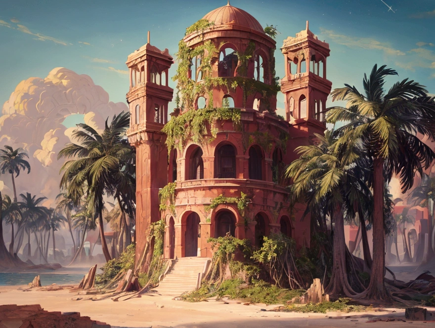 rafed, an oil painting of an island of mystery, an island of enigma, an island of secrecy, there some palm trees, white and red sand, some mist surrounds the island, it is the time between the night an day, the sun is in the horizon and some stars are still in the sky, the ruins of ancient tower are visible, veins crawling on it, dynamic angle, Ultra-high resolution, High Contrast, (masterpiece:1.5), highest quality, Best aesthetics), 16K fantasy art, best details, best quality, highres, ultra wide angle, 16k, [ultra detailed], masterpiece, best quality, (extremely detailed), 