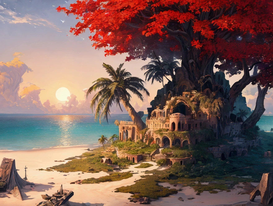 rafed, an oil painting of an island of mystery, an island of enigma, an island of secrecy, there some palm trees, white and red sand, some mist surrounds the island, it is the time between the night an day, the sun is in the horizon and some stars are still in the sky, the ruins of ancient tower are visible, veins crawling on it, dynamic angle, Ultra-high resolution, High Contrast, (masterpiece:1.5), highest quality, Best aesthetics), 16K fantasy art, best details, best quality, highres, ultra wide angle, 16k, [ultra detailed], masterpiece, best quality, (extremely detailed), 