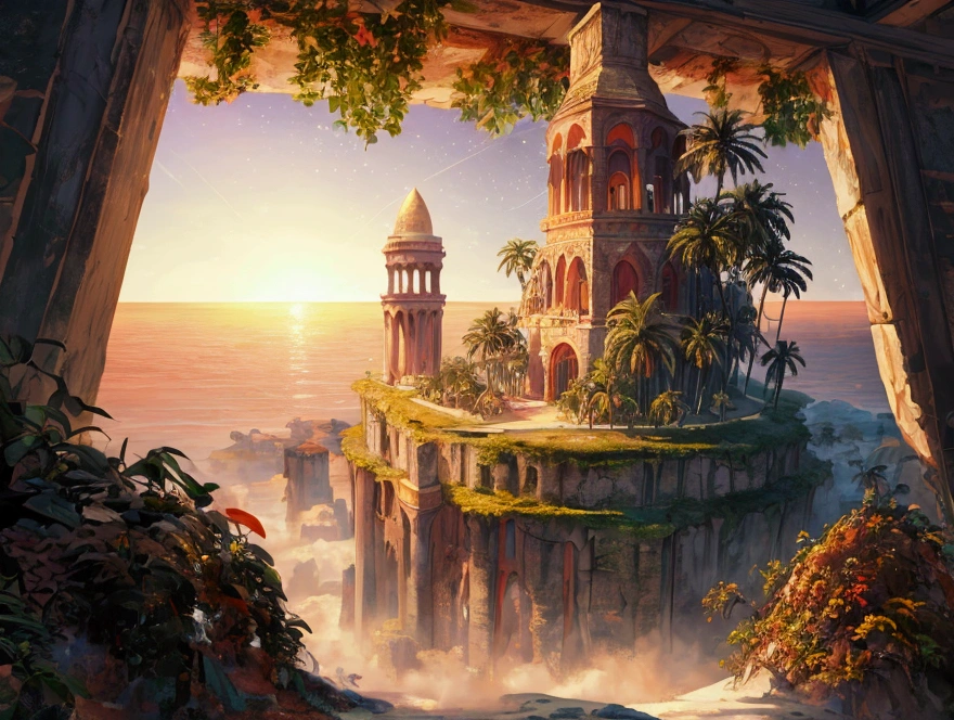 rafed, an oil painting of an island of mystery, an island of enigma, an island of secrecy, there some palm trees, white and red sand, some mist surrounds the island, it is the time between the night an day, the sun is in the horizon and some stars are still in the sky, the ruins of ancient tower are visible, veins crawling on it, dynamic angle, Ultra-high resolution, High Contrast, (masterpiece:1.5), highest quality, Best aesthetics), 16K fantasy art, best details, best quality, highres, ultra wide angle, 16k, [ultra detailed], masterpiece, best quality, (extremely detailed), 