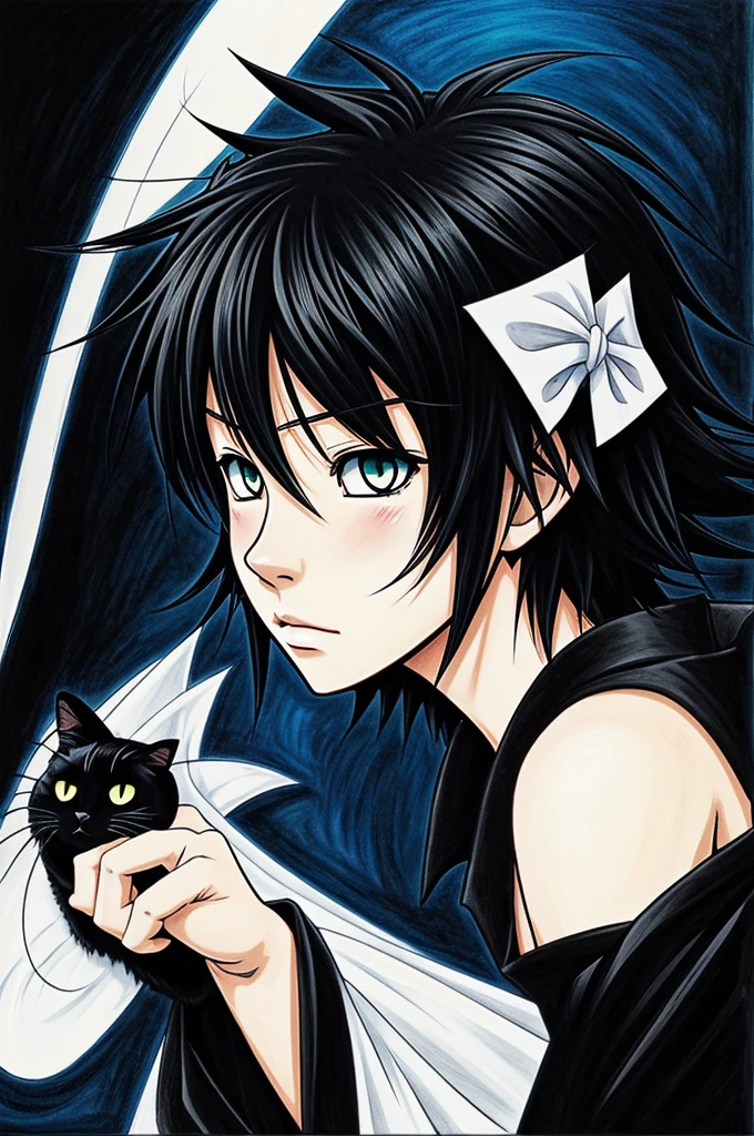 A black cat with anime drawing style/manga called "Hooni-Lee: the suicidal boy"