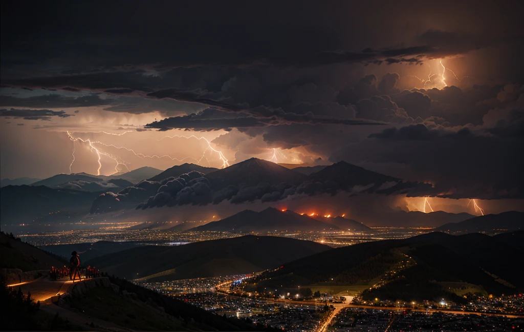 People on the mountain watch a city on fire during a lightning storm,Reapers descend from the sky in chariots with scythes in hand.