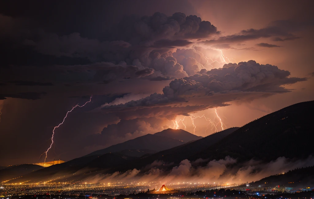 People on the mountain watch a city on fire during a lightning storm，Reapers descend from the sky in chariots with scythes in hand.