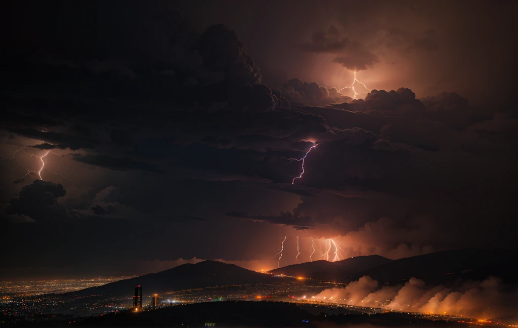 People on the mountain watch a city on fire during a lightning storm，Reapers descend from the sky in chariots with scythes in hand.