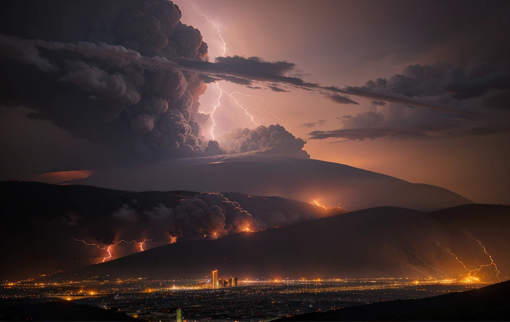 People on the mountain watch a city on fire during a lightning storm，Reapers descend from the sky in chariots with scythes in hand.