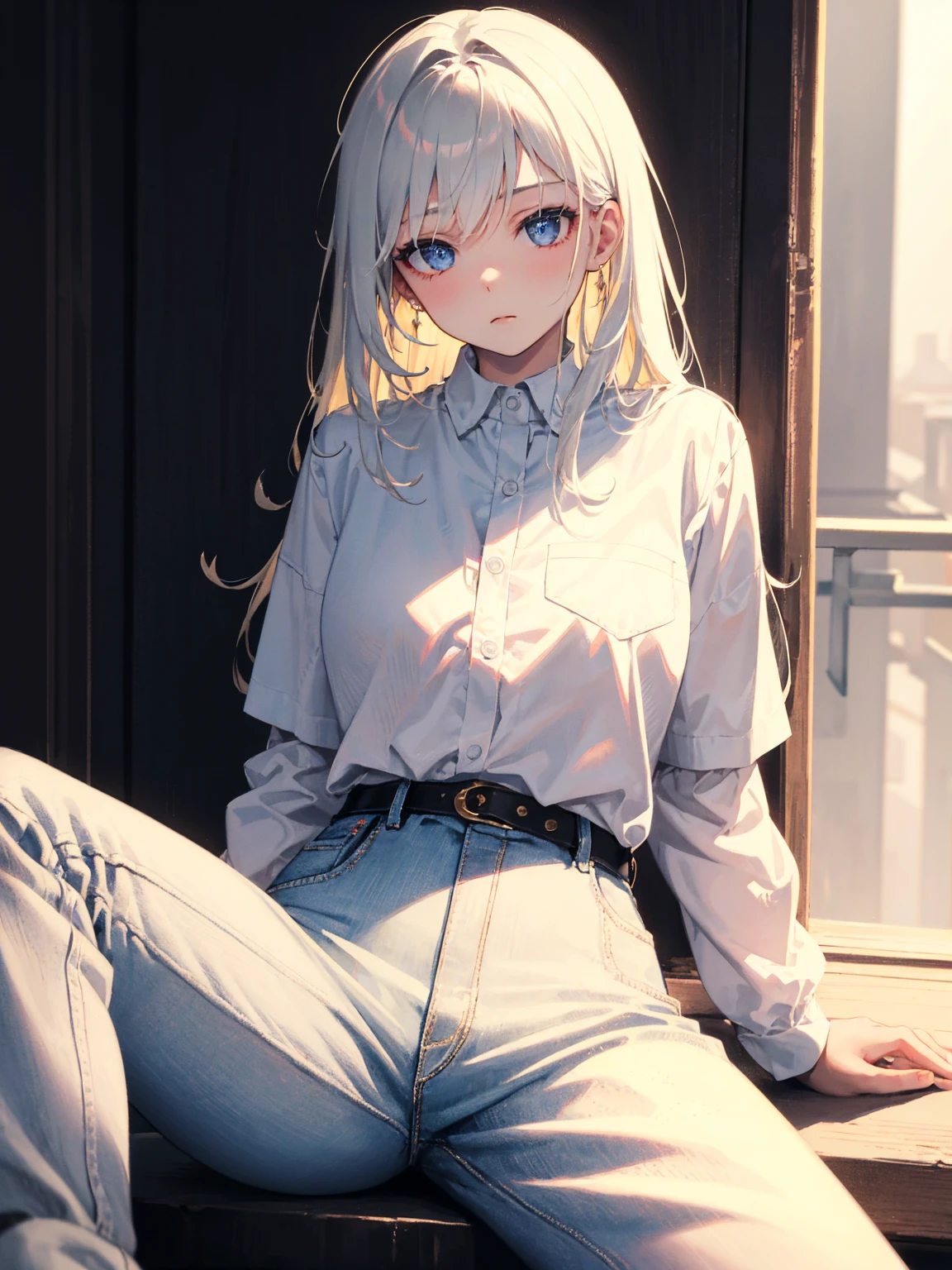 beautiful, masterpiece, best quality, extremely detailed face,  perfect lighting, 1girl, solo,  GiovannaMS, cowboy shot, white shirt, black pants, sitting, spread legs