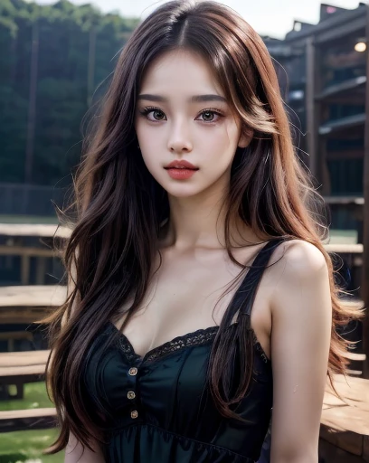 Strong jawline, piercing brown eyes, luscious lips, confident expression with a hint of sassiness, long dark hair with subtle waves, and a nose ring, with blackpink rose face resemblance, with black long dress, with straight face shot,