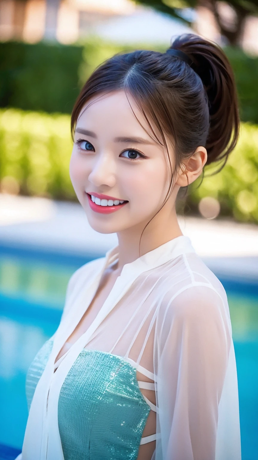 RAW Photos, Very delicate and beautiful, Ultra-high resolution, Detailed lighting, Octane Rendering, Highly detailed ticker Unity 8k wallpaper, Soft lighting, Unity, wallpaper, Realistic, Ultra-detailed light and shadow, Soft lighting, Break 1 Girl, ponytail,(smile), (Big Breasts), (see-through shirt),shirt, Wet, Poolside,