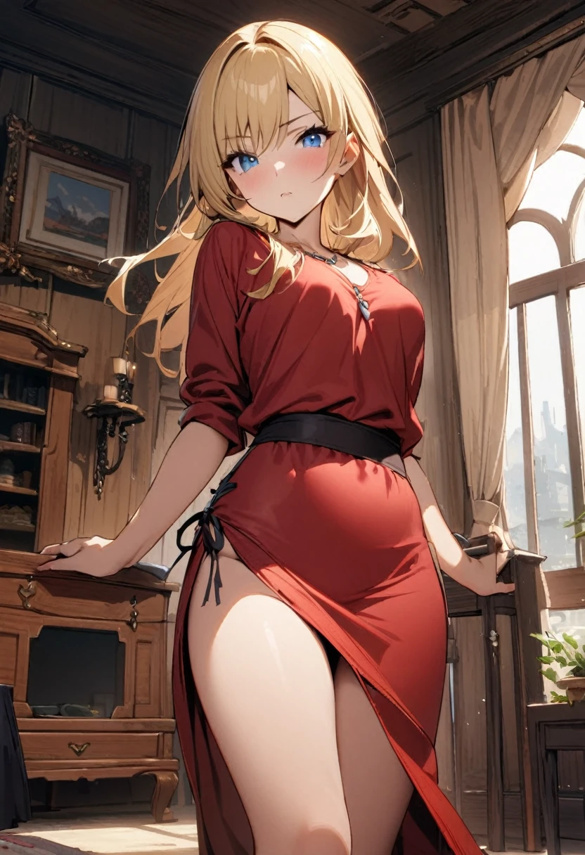 1girl, dancer \(final fantasy\),blonde hair,blue eyes, final fantasy,shirt,skirt,room,masterpiece, best quality, absurdres,cowboy shot