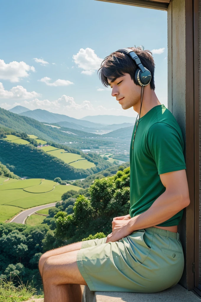 "Create a 2D or anime-style illustration featuring a serene scene of green hills. At the top of one hill, draw a boy sitting peacefully, wearing headphones, and enjoying music. He should be gazing at a vibrant city view in the distance, with a relaxed and content expression on his face. The city skyline should contrast with the natural beauty of the hills, capturing a moment of tranquility and joy."