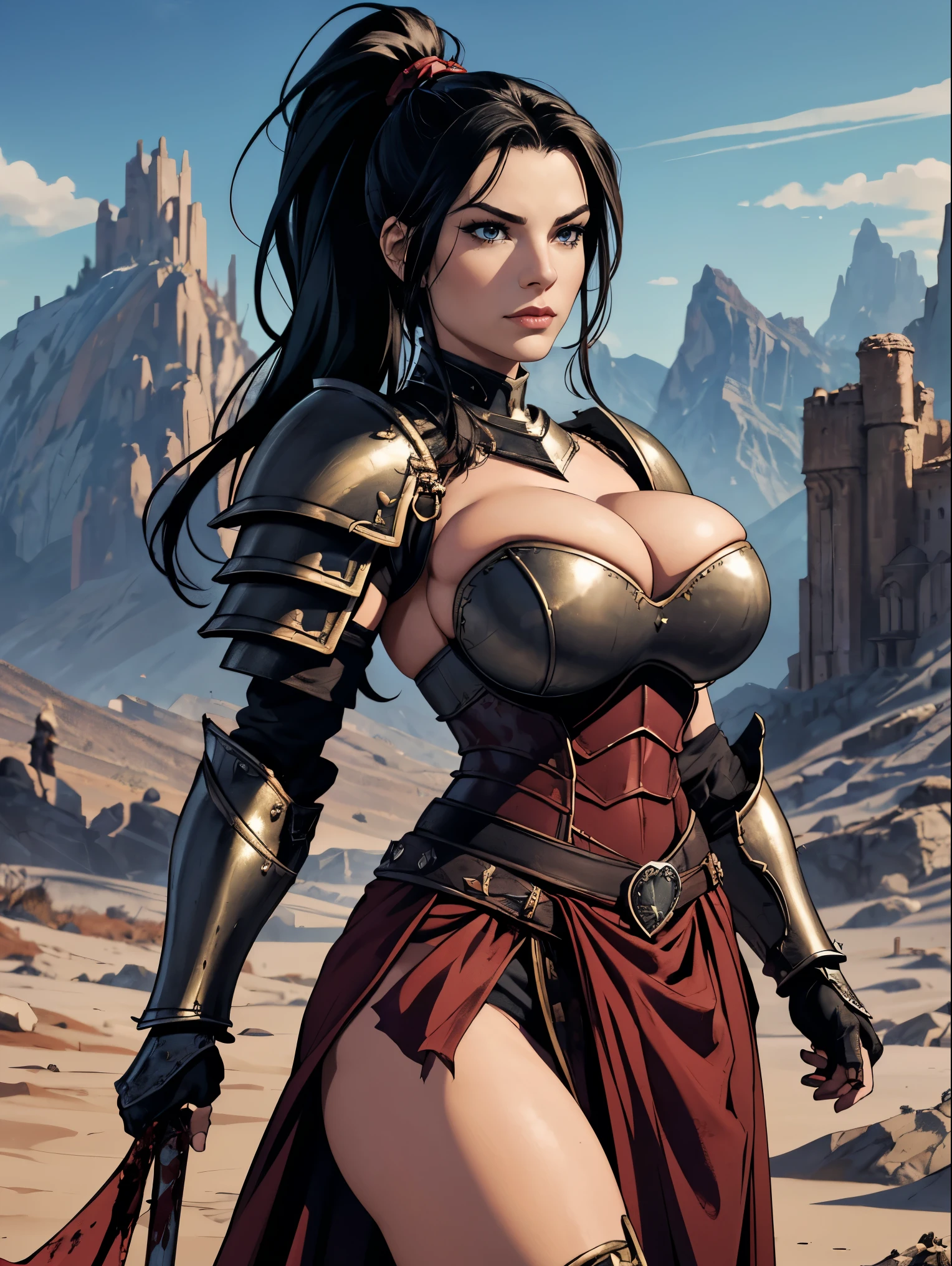 (masterpiece, top quality, best quality, official art, beautiful and aesthetic:1.2), (1girl:1.3), ((Sharp facial features, sharp features, hawkish features)), ((big hair, long black hair, ponytail)), big tiddy chaos warrior girl, extremely detailed, portrait, looking at viewer, solo, (full body:0.6), detailed background, full-body shot, (hot desert mountain theme:1.1), chaos warrior, (spiky helmet), charlatan, smirk, mysterious, swaying in mountains, armor, red metal, brass trim, long boots, dual axes, blood red fabric, pelvic curtain, loincloth, black leather, ((((armor, heavy armor, blood, armored, gigantic breasts, long legs, pelvic curtain, toned, muscular)))), cute belly button, toned tummy, slim waist, slim hips, long legs, medieval (mountain exterior:1.1) background, dark mysterious lighting, shadows, magical atmosphere, dutch angle