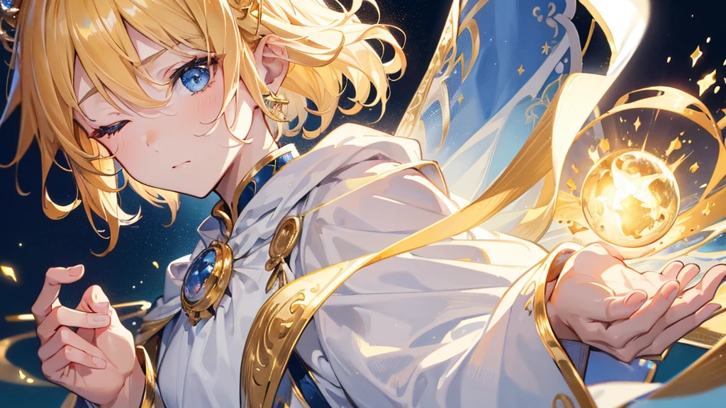 (Highest quality)　(4K)　(8k)　(High resolution)　(masterpiece:1.2)　(Super detailed)　One boy　short hair　Wizard　Blue Eyes　Long sleeve　Golden decoration　Hair between the eyes　Closed Mouth　White Dress　Wavy golden hair　Upper Body　large crown　(White Background)　(Cast a spell)　front　Face close-up