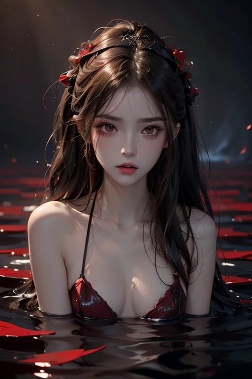 solo, 1girl, realistic, Inside the viscera, Red black background, drowning, Dead eyes, dark eyes, Disheveled hair, messy hair, long hair, Gloomy and dark atmosphere, glitters, sad expression, Slender body, Small breasts, A girl exists in the dark red liquid, under dark red water, underwater, Red-black in the water