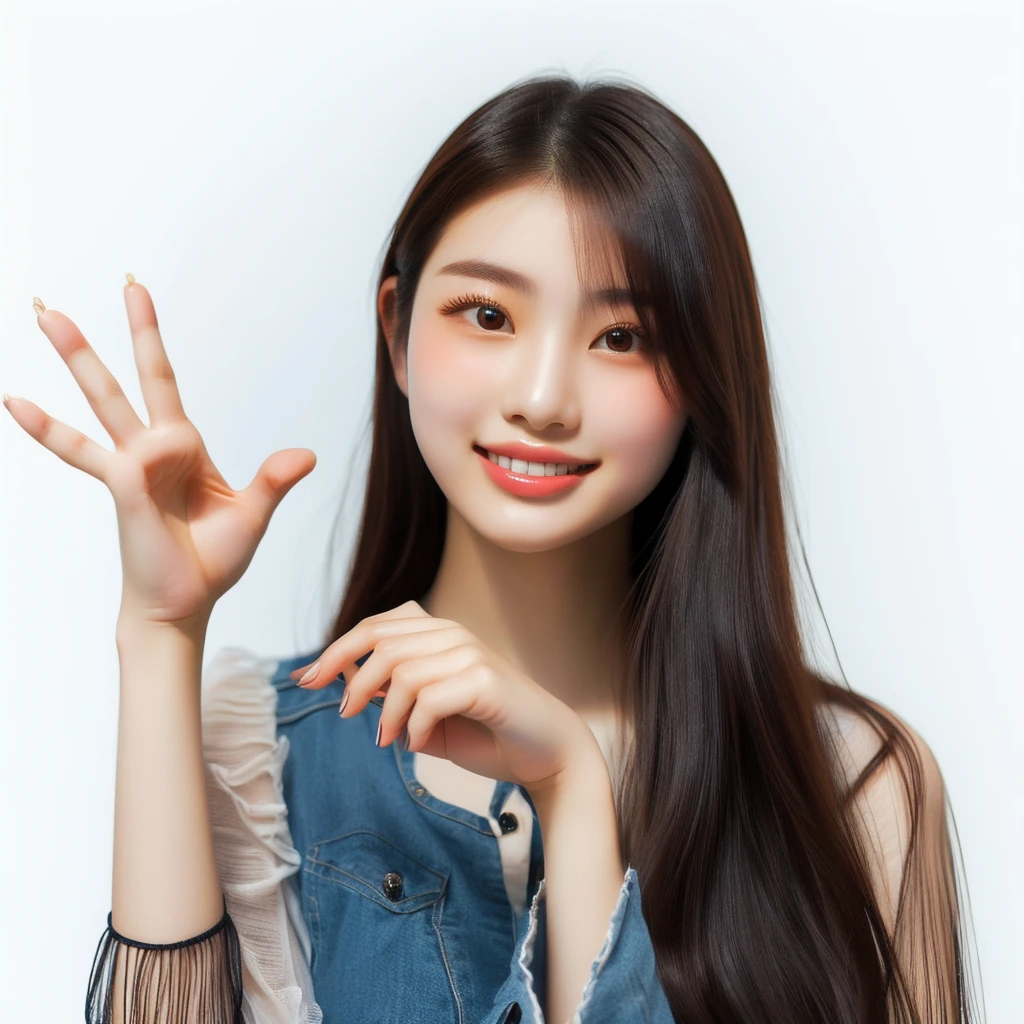 There is a woman making a peace sign with both hands., young Asian woman, beautiful young Korean women, Korean women, Long haired asian girl, Graceful smile pose, young asian girl, a young Asian woman, Professional Profile Photo, beautiful young Asian woman, beautiful south Korean women, gorgeous young Korean women, Asian woman, Chinese women, High-quality portraits
