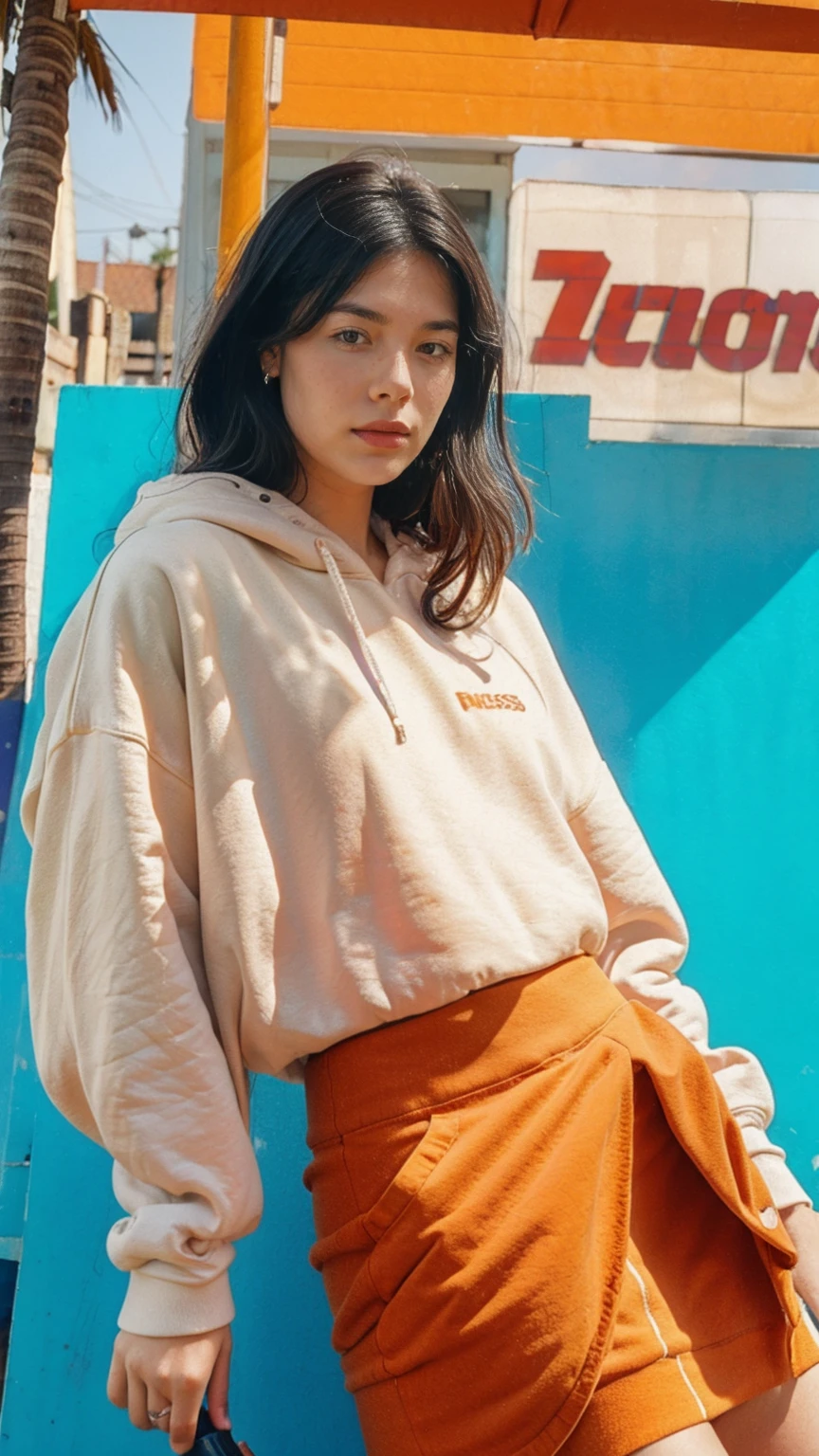 (medium shot portrait) one of cute 23 yo girl ,wear ((orange color oversized_hoodie)), wear ((purple tennis skirt)),looking front,Best Quality,Masterpiece,Ultra High Resolution,(Realisticity:1.4),Original Photo, 1Girl, light leak,ultra high resolution,UHD,beautiful, (black straight hair), almond eye, no makeup, in front of ((80's los angels colorful gas station)), (realistic:1.2), (surreal:1.3), (very detailed:1.1), ((masterpiece)),summer, blue sky, palm trees,sunny, los angles vibes,film camera, 800mm lens,style of Philip Lorca diCorcia