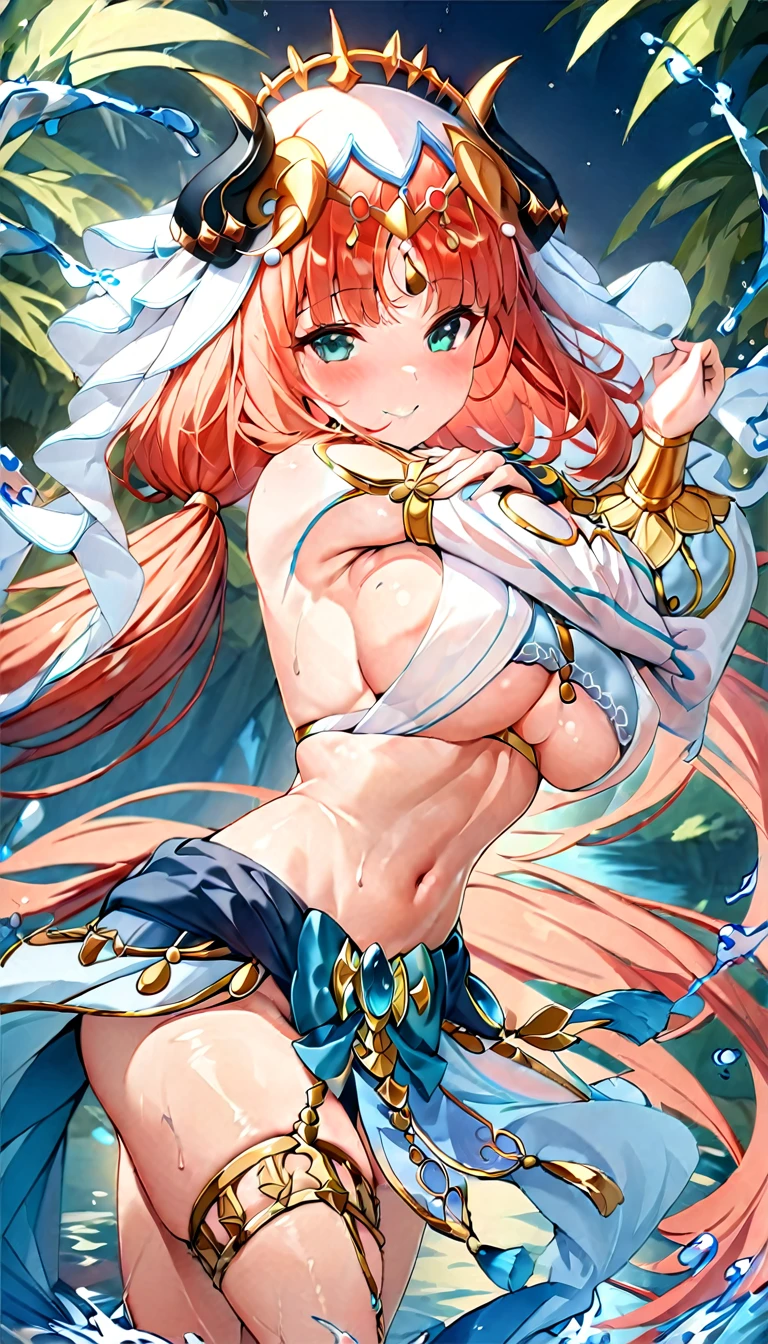 (((best quality)), ((masterpiece)), (details), masterpiece, best quality, high quality, ulutra detailed, perfect face,Shiny Hair、Glowing Skin、blush、nilou、whole body、Dancer、lake、Splash、dance、smile、Sideboob、Underboob、nilou,1girl,独奏,horns,Veil,navel,