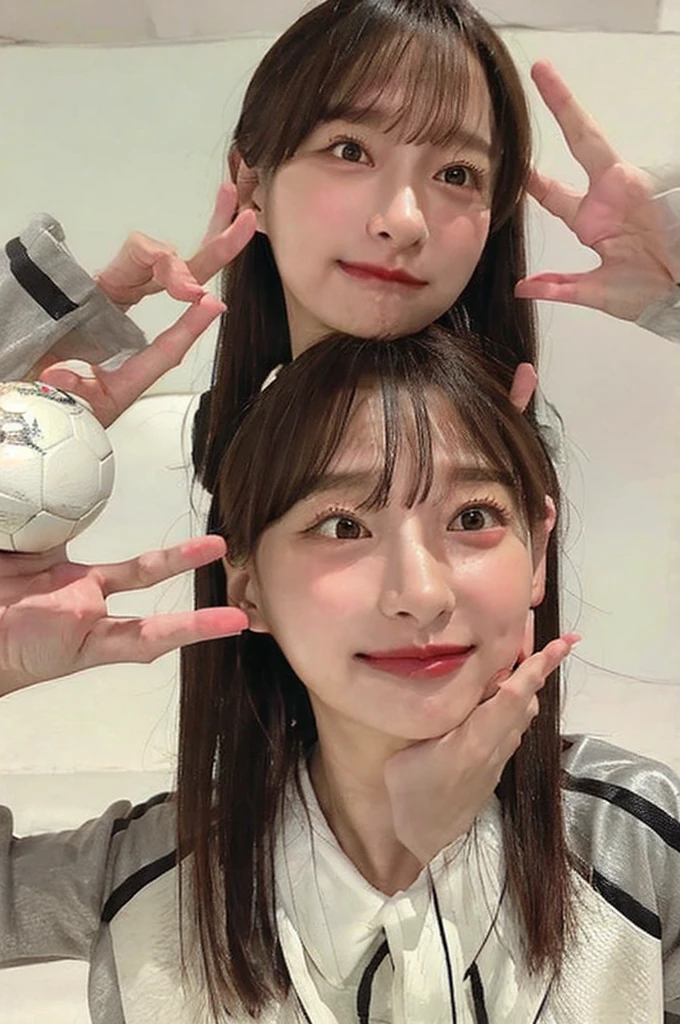 light, {{{best quality}}}, {{{realistic}}}, Detailed facial description, realistic 눈동자, Pretty Woman, Hime cut, realistic 유니폼 주름, well proportioned, {{{Real Madrid}}}, {{{adidas soccer jersey}}}, {{{holding a soccer ball}}}, {{{soccer stadium}}},