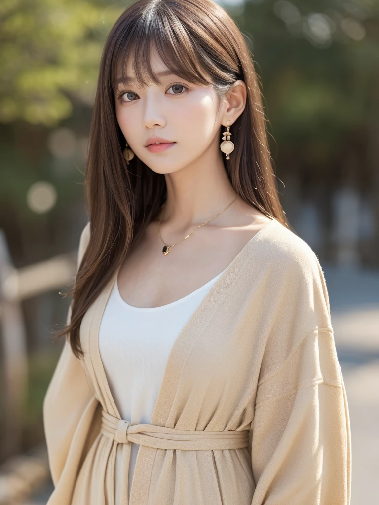 ((Highest quality, 8k, masterpiece:1.3)), concentrate: 1.2, Perfect body beauty: 1.4, Hips: 1.2, ((Long Hair, chest: 1.2)), (Dry clothes: 1.1) , (clear, Simple Background:1.3), Simple clothes: 1.1, Highly detailed face and skin texture,Delicate eyes, double eyelid, Whitened skin, Rough skin、Long Hair、Earrings with bangs、necklace、 solo、Beige coat、White shirt, (((Beautiful girl with cute Japan)))、 ((Beautiful Japanese girl 20 years old))、 ((Baby Face))、 (((Slender body)))、 Upper Body,Face focus、necklace,Simple Background,From above, Realistic Hair、 A photograph was taken:Canon EOS R6、135mm、1/1250 seconds、f2.8、ISO400、(Detailed explanation of the hand)、(Masseter muscle area)、(Exquisite CG)、Long Hair, loose and curly hair、Korean Hair、Long Hair明るいベージュ色、グラデーションハイライトグレージュのゆるふわLong Hairスタイル、