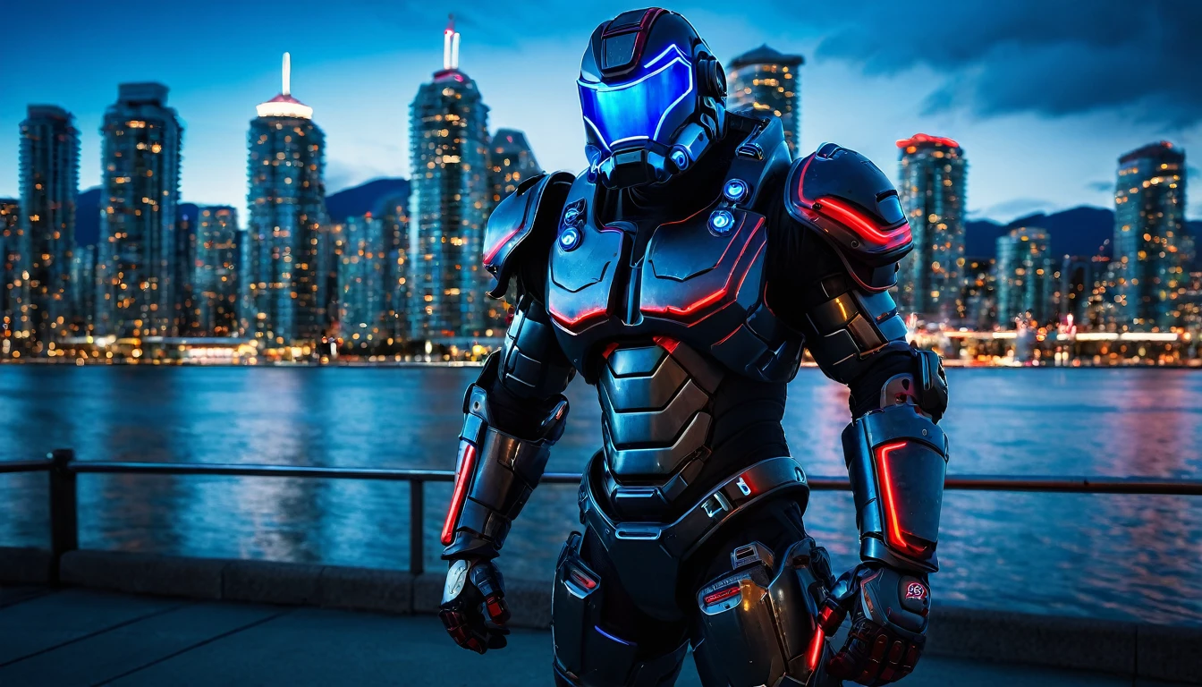 Mech suit ready for battle, full body shot, Vancouver, high-quality artwork, metal armour, intense lighting, cityscape background, heroic pose, dramatic shadows, carbon fiber suit with black paint job and red neon lights, hockey helmet with blue visor, video game, blue electric fists, futuristic synth wave cyberpunk, hulkbuster with goalie hockey mask design, no reactor core on chest