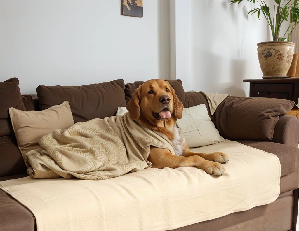 There was a dog lying on the sofa,The sofa is covered with a beige diaper blanket,There is a pillow next to it, Large and comfortable sofa, Soft - warm, Brown, Very comfortable, Brown tone, Bottom Angle, Brown toned, Extra Wide, Bird's eye view view, Soft and warm, Light brown, Bird's eye view, Portraits, Large Portrait, Onyx, Bella, Soft!!, Designed for comfort and aesthetics!Hyper-realistic scenes,Natural light and shadow,Warm indoor environment,Light shines in,Product image with a sense of premium