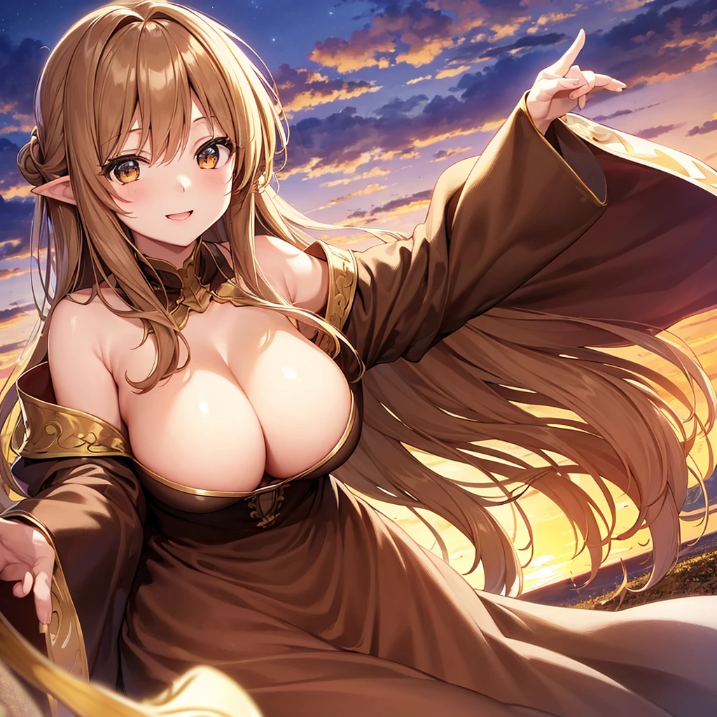 1People Girls、Asuna,STAR, Crown Half Up Hairstyle,Free Pose、Shoulder Off、Gorgeous big cleavage、Captivating smile, Luxurious brown outfit, evening, Sunset sky, sunset
