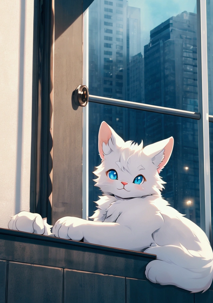 "A cute white cat named Milk with fluffy fur, sitting by a window and gazing dreamily at a boxing gym. The gym is filled with strong, determined boxers training hard. Milk looks small but has a determined expression."