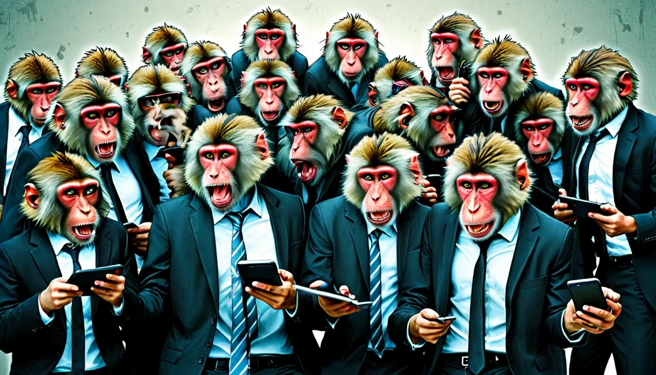 Create an illustration depicting a swarm of monkeys using social media to cyberbully. Draw a group of monkeys with smart phones, tablets, or smartphones typing furiously or posting negative comments. Some of the monkeys should have angry or malicious expressions, while others should be laughing or looking happy. The background should be a chaotic mix of digital screens displaying harmful messages and symbols of social media platforms. The overall atmosphere should convey the destructive and overwhelming nature of online harassment.
