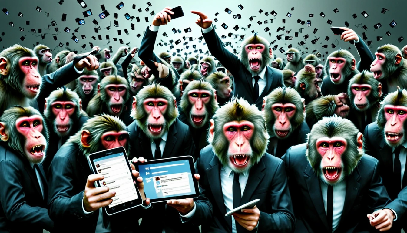 Create an illustration depicting a swarm of monkeys using social media to cyberbully. Draw a group of monkeys with smart phones, tablets, or smartphones typing furiously or posting negative comments. Some of the monkeys should have angry or malicious expressions, while others should be laughing or looking happy. The background should be a chaotic mix of digital screens displaying harmful messages and symbols of social media platforms. The overall atmosphere should convey the destructive and overwhelming nature of online harassment.
