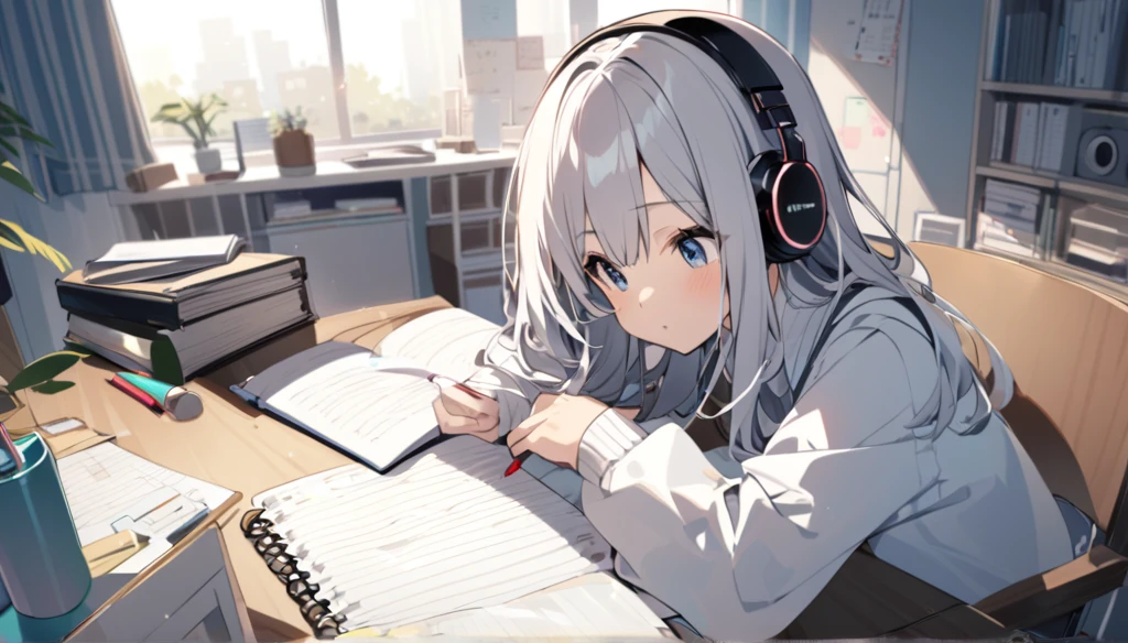 A cute girl is studying on her notebook in her room while wearing headphones。The room is cluttered and the entire desk is visible.