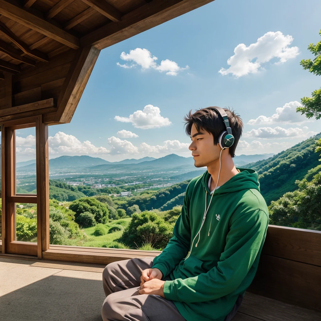 "Create a 2D or anime-style illustration featuring a serene scene of green hills. At the top of one hill, draw a boy sitting peacefully, wearing headphones, and enjoying music. He should be gazing at a vibrant city view in the distance, with a relaxed and content expression on his face. The city skyline should contrast with the natural beauty of the hills, capturing a moment of tranquility and joy."