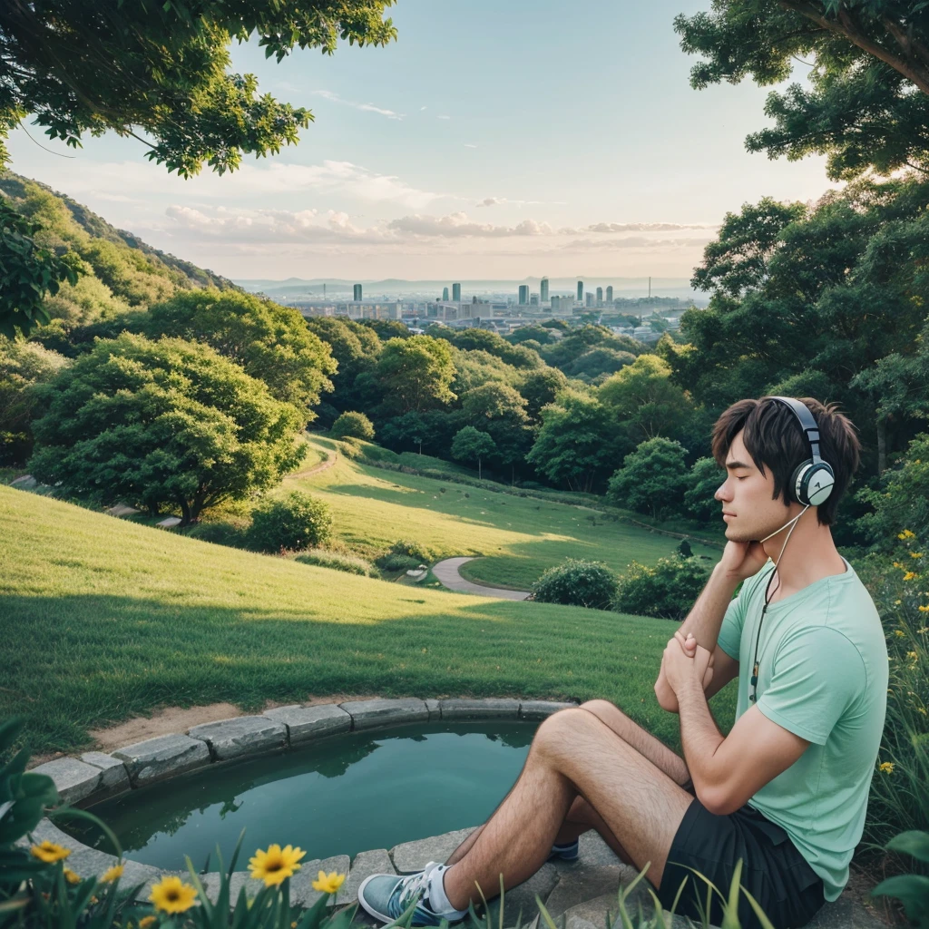 "Create a 2D or anime-style illustration featuring a serene scene of green hills. At the top of one hill, draw a boy sitting peacefully, wearing headphones, and enjoying music. He should be gazing at a vibrant city view in the distance, with a relaxed and content expression on his face. The city skyline should contrast with the natural beauty of the hills, capturing a moment of tranquility and joy."