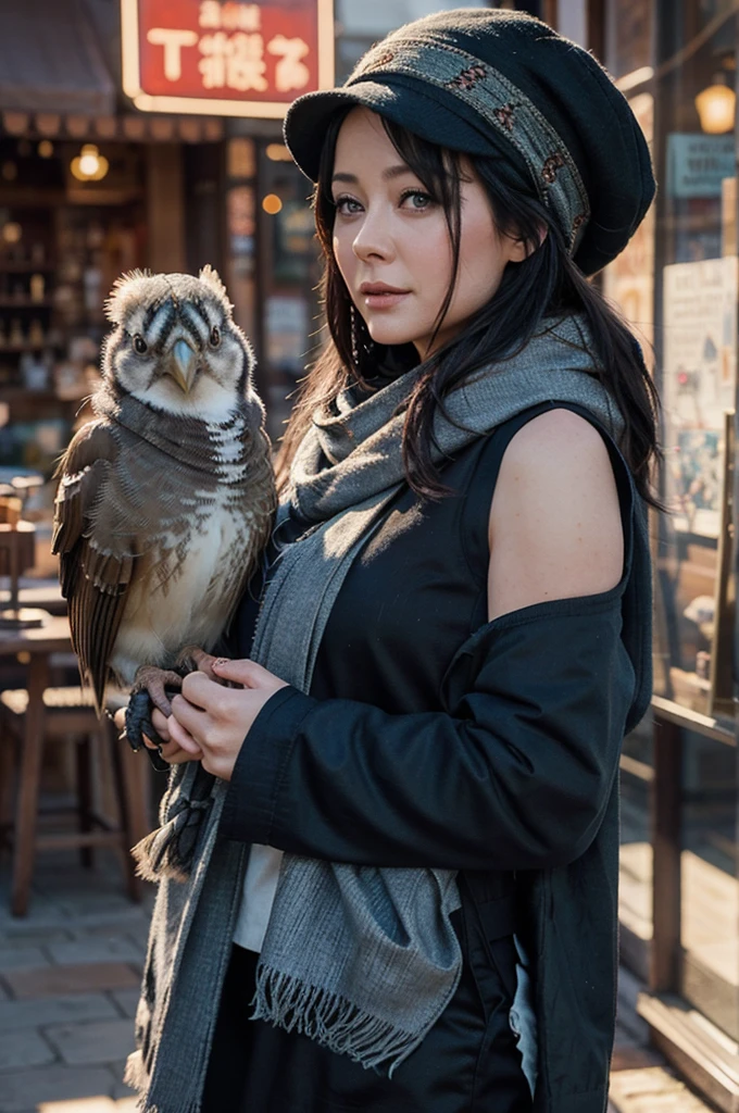 picture of Charmed actress Shannen Doherty in a hat and scarf with a playful bird on her shoulder, artwork in the style of guweiz, beautiful character painting, stunning, beautiful illustration, ross tran, 8k