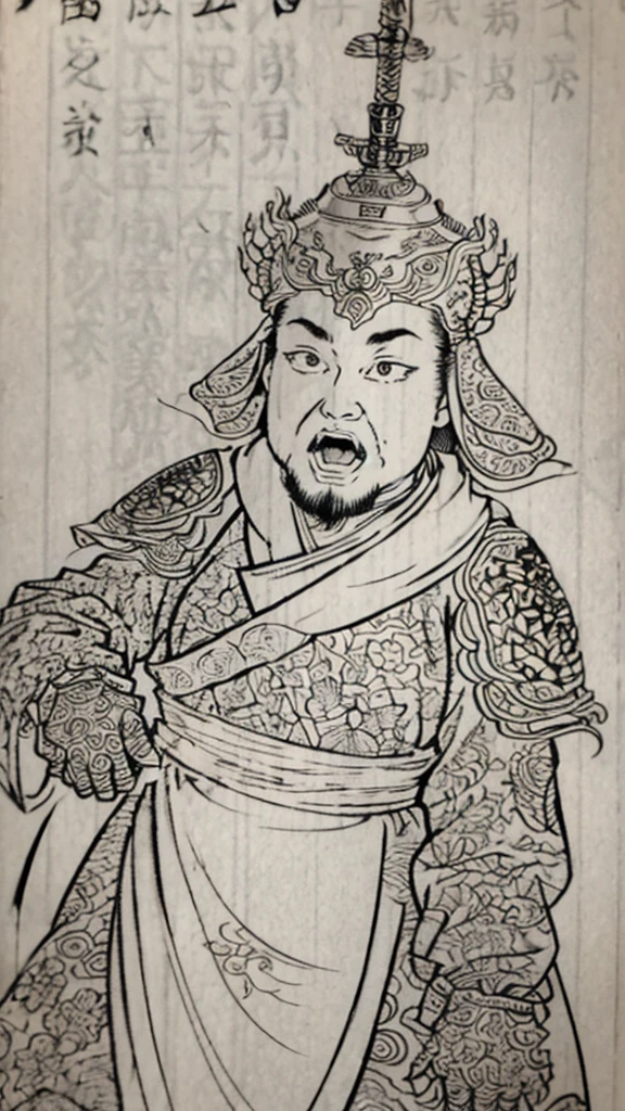 (((Monochrome)))、(((Man with open mouth)))、（（Men in ancient China））、（Ink Painting）、Highest quality、masterpiece、Ultra-high resolution、(Realistic:1.4)、Game Poster、The Three Bearded Men of the Kingdom,Oriental、As seen in the Romance of the Three Kingdoms々military commander、Crisp and beautiful image quality ,(((metal armor, metal dragon head on the shoulder, Holding a sword, (Skin of color, ), (metal armor with intricate pattern:1.2)))、 gloves, Long trousers, (Very detailed, bloom:1.5), (Highest quality, Concept Art, 4K), (analog:1.2), (high sharpness), (Detailed pupil:1.1),, Detailed face and eyes, masterpiece, Highest quality, (Very detailed:1.1), 8k, photoRealistic, (PurerosFace_v1:0.2), [:(Detailed face:1.2):0.2], sharp, Realistic, Realistic Shadow, 