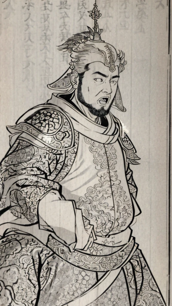 (((Monochrome)))、(((Man with open mouth)))、（（Men in ancient China））、（Ink Painting）、Highest quality、masterpiece、Ultra-high resolution、(Realistic:1.4)、Game Poster、The Three Bearded Men of the Kingdom,Oriental、As seen in the Romance of the Three Kingdoms々military commander、Crisp and beautiful image quality ,(((metal armor, metal dragon head on the shoulder, Holding a sword, (Skin of color, ), (metal armor with intricate pattern:1.2)))、 gloves, Long trousers, (Very detailed, bloom:1.5), (Highest quality, Concept Art, 4K), (analog:1.2), (high sharpness), (Detailed pupil:1.1),, Detailed face and eyes, masterpiece, Highest quality, (Very detailed:1.1), 8k, photoRealistic, (PurerosFace_v1:0.2), [:(Detailed face:1.2):0.2], sharp, Realistic, Realistic Shadow, 