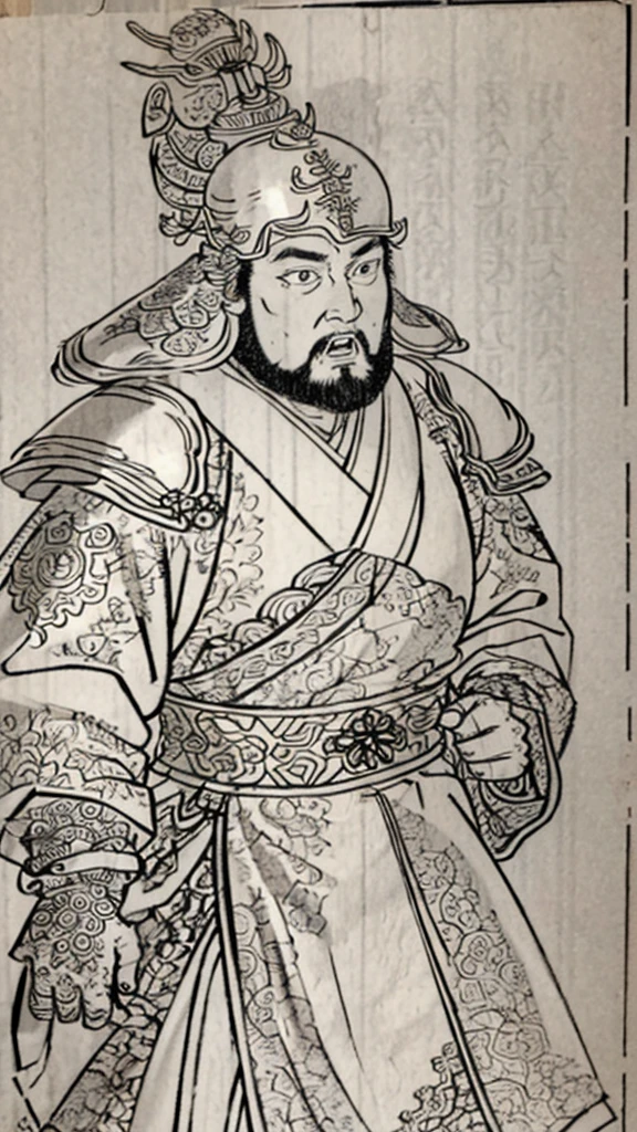 (((Monochrome)))、(((Man with open mouth)))、（（Men in ancient China））、（Ink Painting）、Highest quality、masterpiece、Ultra-high resolution、(Realistic:1.4)、Game Poster、The Three Bearded Men of the Kingdom,Oriental、As seen in the Romance of the Three Kingdoms々military commander、Crisp and beautiful image quality ,(((metal armor, metal dragon head on the shoulder, Holding a sword, (Skin of color, ), (metal armor with intricate pattern:1.2)))、 gloves, Long trousers, (Very detailed, bloom:1.5), (Highest quality, Concept Art, 4K), (analog:1.2), (high sharpness), (Detailed pupil:1.1),, Detailed face and eyes, masterpiece, Highest quality, (Very detailed:1.1), 8k, photoRealistic, (PurerosFace_v1:0.2), [:(Detailed face:1.2):0.2], sharp, Realistic, Realistic Shadow, 