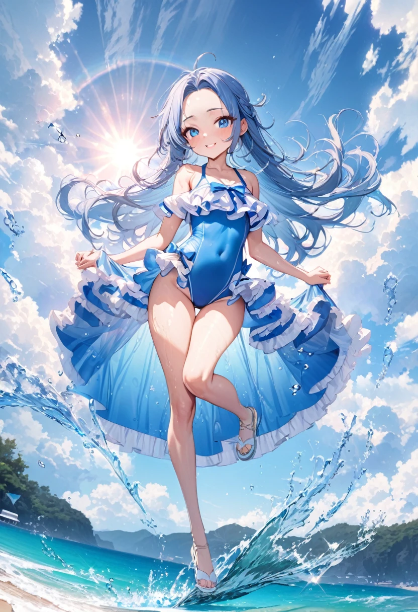 (full body, pov lovely swimsuit style) (beautiful body), (solo:2, 15 yo, forehead blue hair long hair lovely girl, cute blue eyes, glossy lip, love smile), (in a double exposure:1.4 beautiful water cute Layered frills blue one piece swimsuit), break, in the sunshine Swimsuit contest venue, background beautiful ocean, Double Exposure beautiful rays, BREAK, perfect anatomy, masterpiece, best quality, 16k, beautiful detailed water, sexy, daydreaming expression.