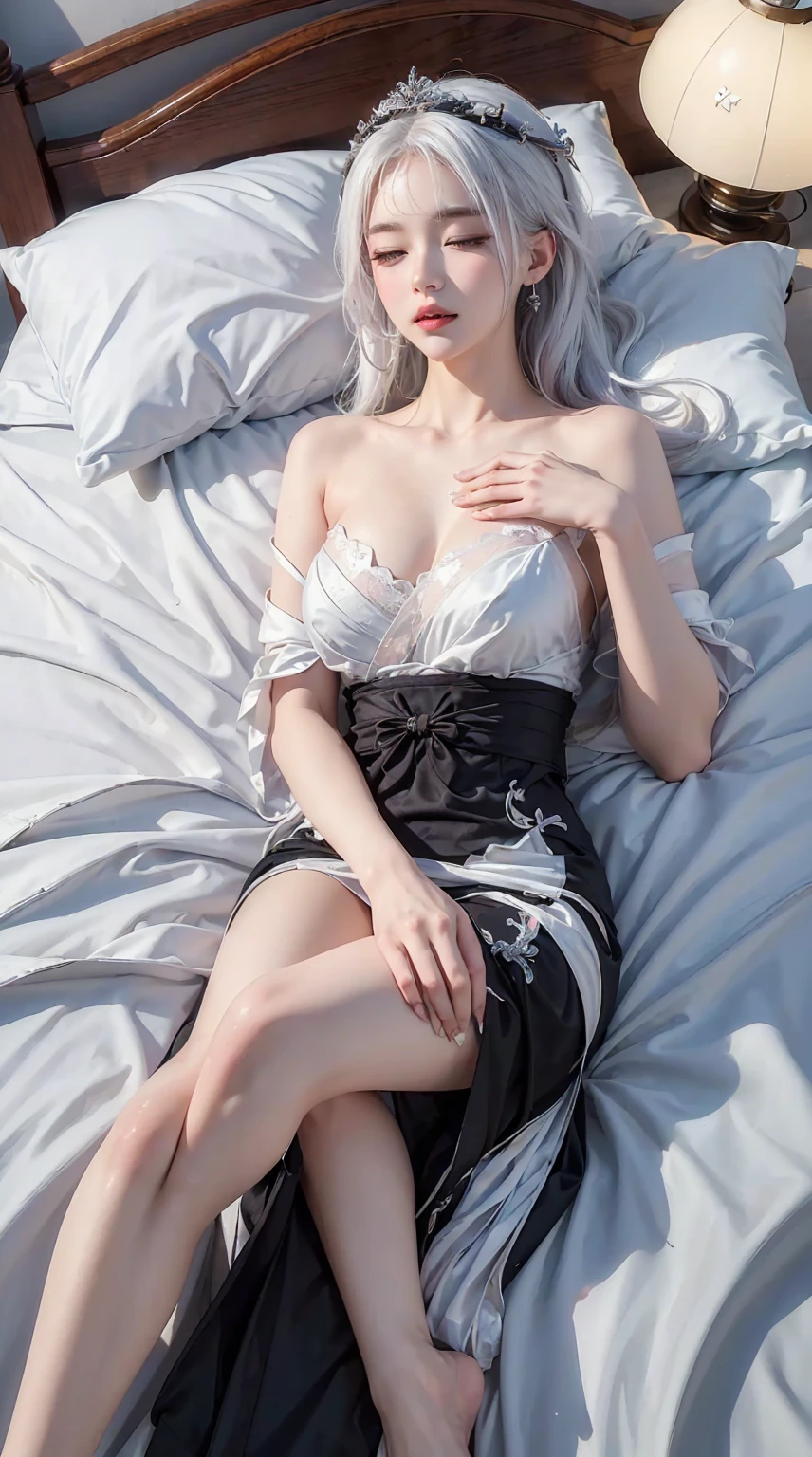 ((best quality)),((Excellent quality, 8K, masterpiece: 1.5)), Clarity: 1.4, Perfect body beauty: 1.4,  Sexy Hanfu，I can see your lesbian，White hair，Moist skin, Sleeping in bed，Backward Pose，film texture，Facing the camera